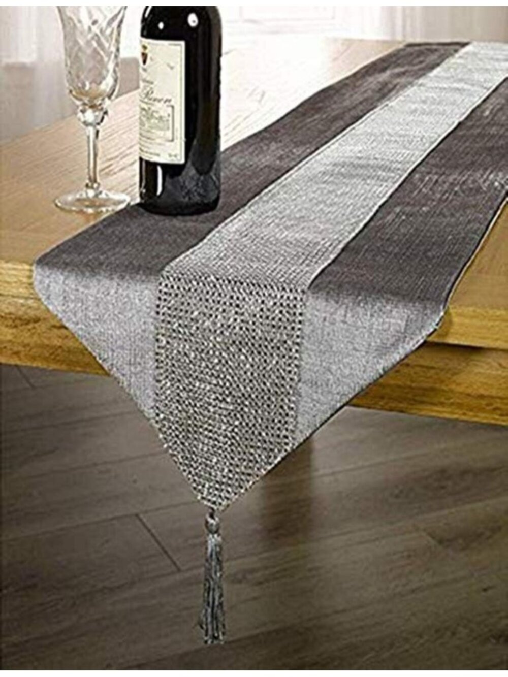 New 13inch x 72inch Table Runner with Diamante Strip and Tassels (Grey)